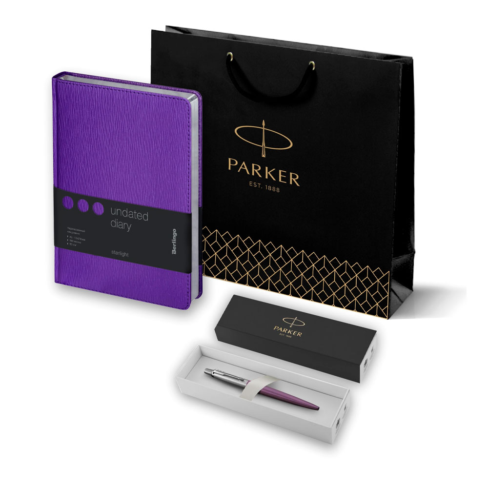 Подарочный набор: Шариковая ручка Parker Jotter Essential, Victoria Violet CT и Ежедневник недатир., серебр. срез, фиолетовый 835195_319005 | PARKER 