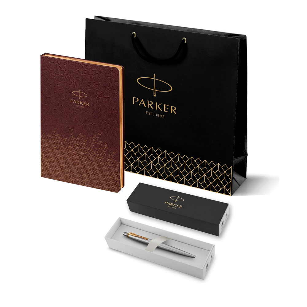 Подарочный набор: Шариковая ручка Parker Jotter Essential, St. Steel GT и Ежедневник недатированный, коричневый 1951110_5593182 | PARKER 