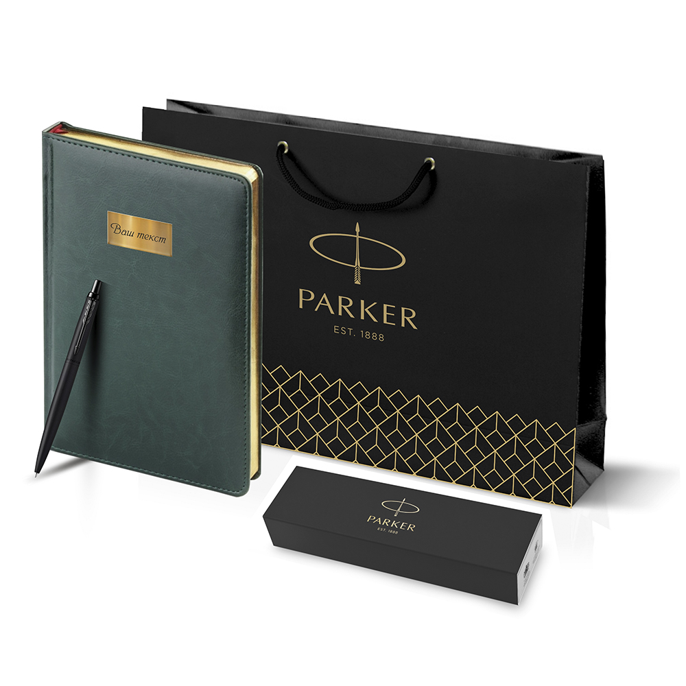 Подарочный набор: Шариковая ручка Parker Jotter XL SE20 Monochrome в подарочной упаковке, цвет: Black, стержень: Mblue и Ежедневник зеленый недатиров  | PARKER 