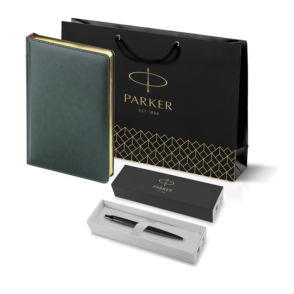 Подарочный набор: Шариковая ручка Parker Jotter XL SE20 Monochrome в подарочной упаковке, цвет: Black, стержень: Mblue и Ежедневник зеленый недатиров  | PARKER 